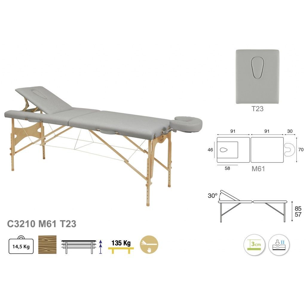 Camilla plegable regulable de madera natural con respaldo y cabezal extraíble
